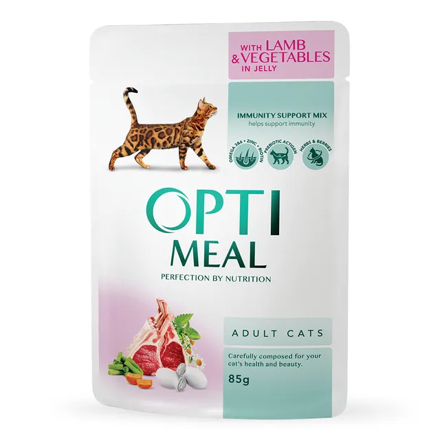 Complete canned food for adult cats with lamb and vegetables in jelly OPTIMEAL, 85 g