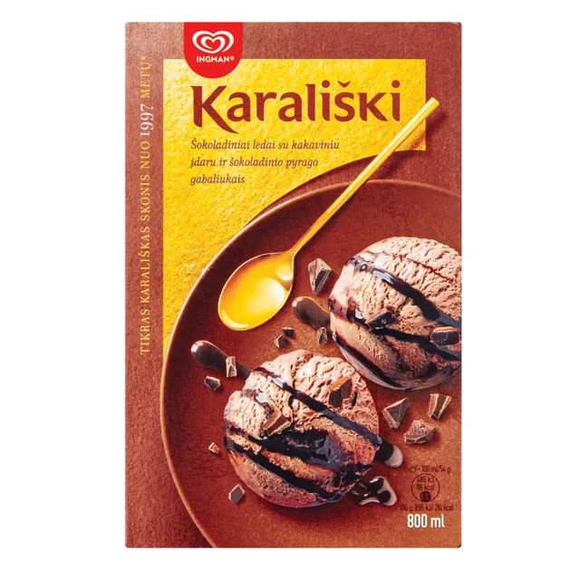 Šokoladiniai valgomieji ledai KARALIŠKI su kakaviniu įdaru ir šokoladinio pyrago Brownie gabaliukais, 800 ml