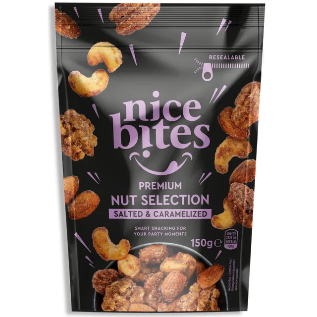 Salty caramel flavored roasted and unroasted nut mix NICE BITES, 150 g