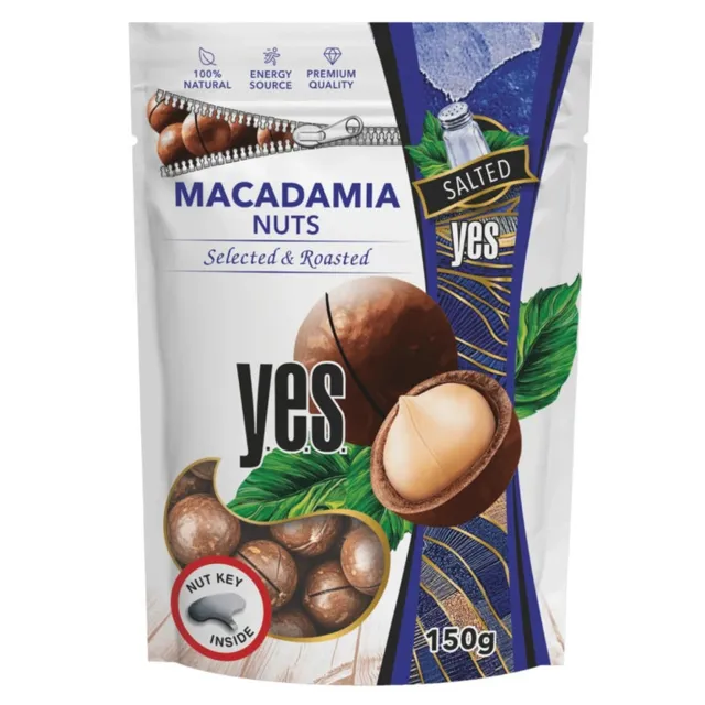 Makadamijų riešutai įpjauti, kepinti, sūdyti YES, 150 g