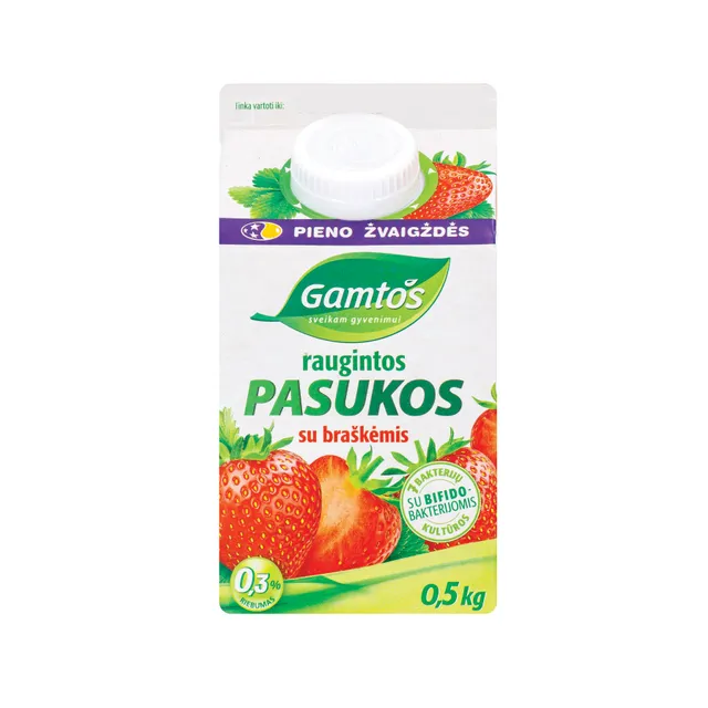 Raugintos pasukos ,,GAMTOS" su braškėmis, 0,3% rieb., 0,5 kg
