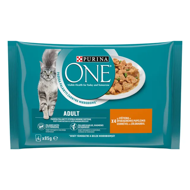 Konservuotas kačių ėdalas su vištiena PURINA ONE ADULT (4x85 g), 340 g