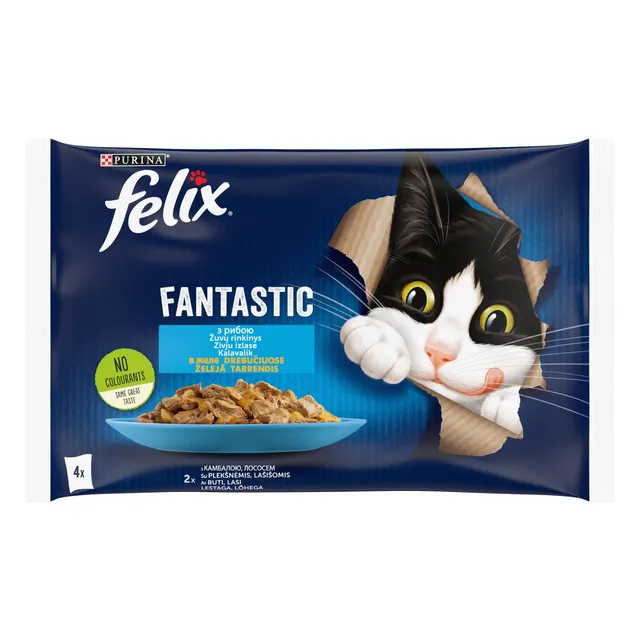 Visavertis šlapiasis ėdalas suaugusioms katėms drebučiuose FELIX FANTASTIC Fish Selection, 4x85 g