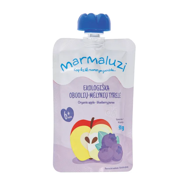 Ekologiška obuolių, mėlynių tyrelė MARMALUZI (nuo 6 mėn.), 90 g