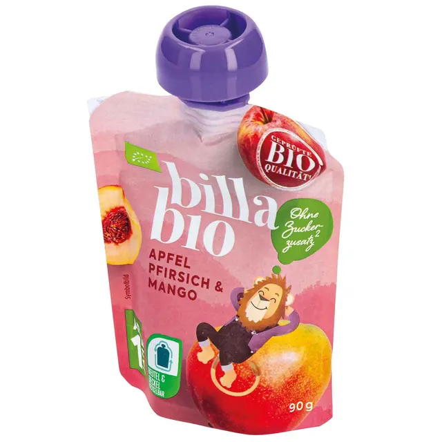 Ekologiška obuolių, persikų ir mangų tyrė BILLA BIO, 90 g