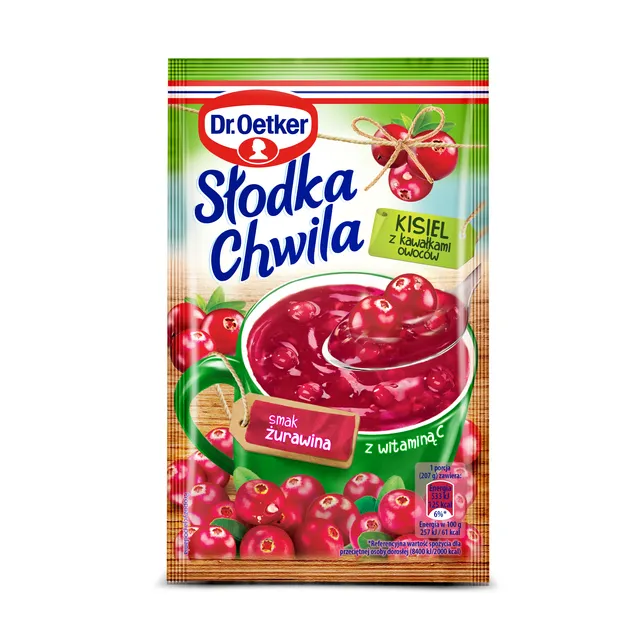 Greito paruošimo spanguolių skonio kisielius „Saldi akimirka“ su uogų gabaliukais DR. OETKER, 32,5 g