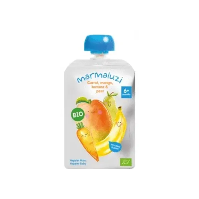 Ekologiška tyrelė MARMALUZI morkų, mangų, bananų, kriaušių, 6 mėn, 90 g