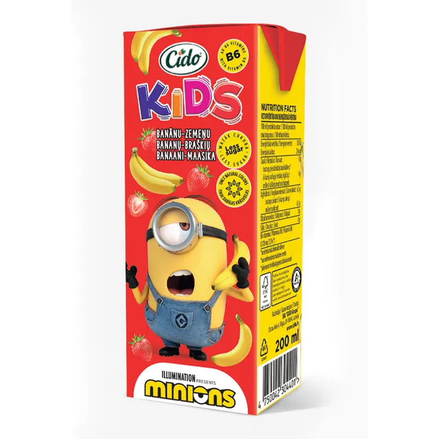 Gaivusis gėrimas su bananų ir braškių sultimis CIDO KIDS MINIONS 9%, 200 ml