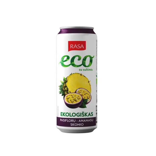 Ekologiškas pasiflorų ir ananasų skonio gazuotas gaivusis gėrimas su sultimis RASA BIO, 330 ml