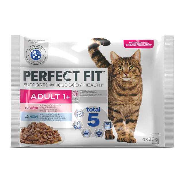 Konservuotas kačių ėdalas su žuvimi/lašiša PERFECT FIT SENSITIVE, 4x85 g