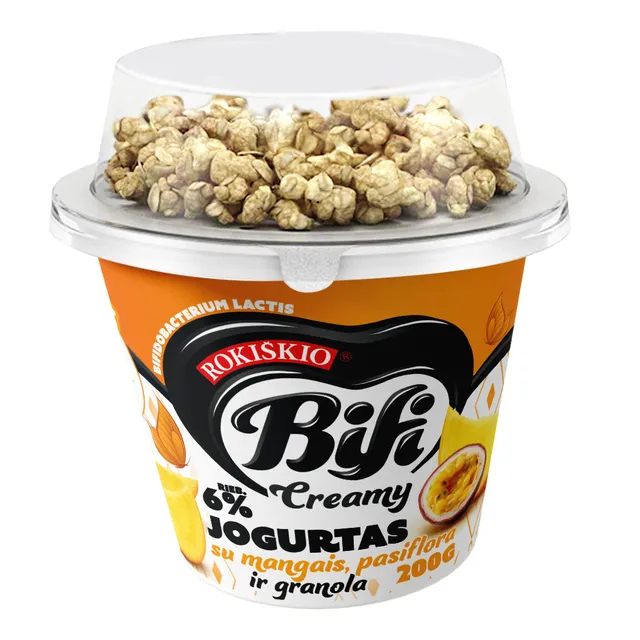 Йогурт ROKIŠKIO Bifi Creamy с манго, маракуйей и гранолой 6% жира, 200 г