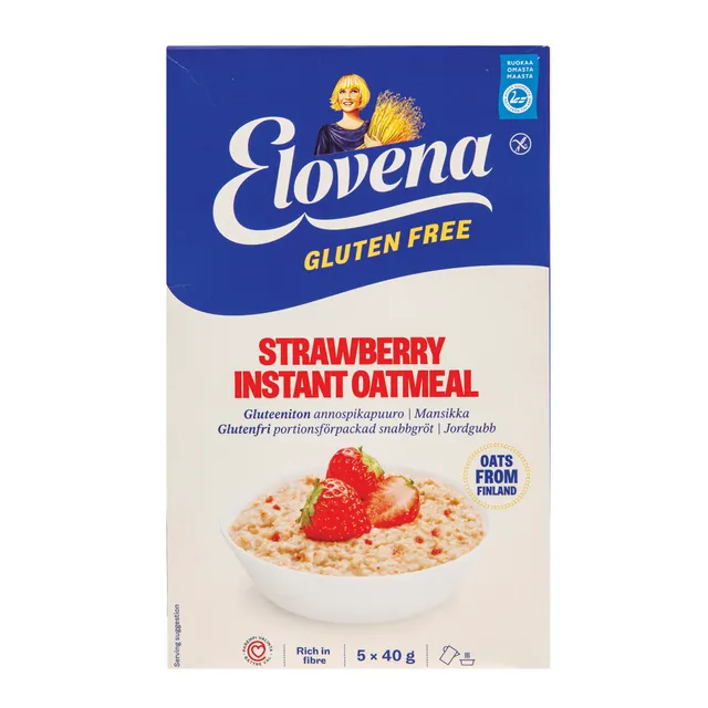 Greitai paruošiama avižinė košė su braškėmis, be glitimo, ELOVENA, 5 x 40 g 