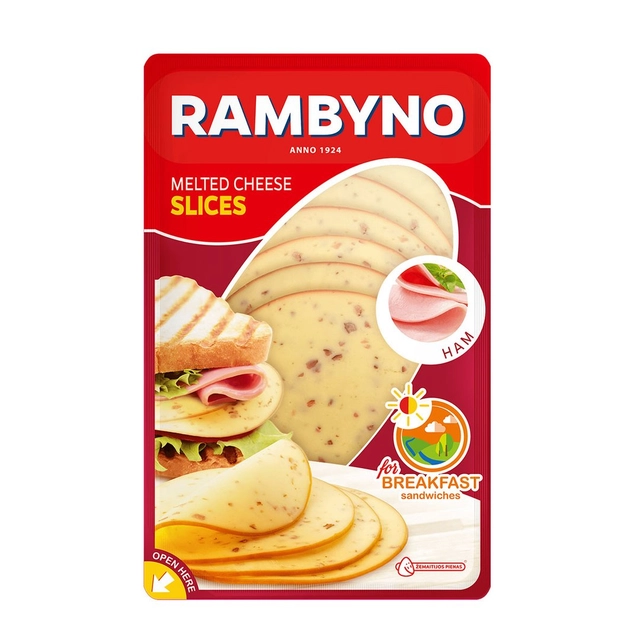 Lydyto sūrio su kumpiu riekelės RAMBYNO, 45% rieb., 150 g