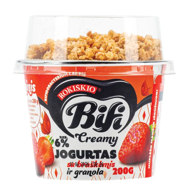 Jogurtas ROKIŠKIO Bifi Creamy su braškėmis ir granola 6% rieb., 200 g