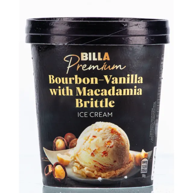 Valgomieji ledai su kvapiąja vanile ir makadamijų riešutų gabaliukais BILLA PREMIUM, 500 ml