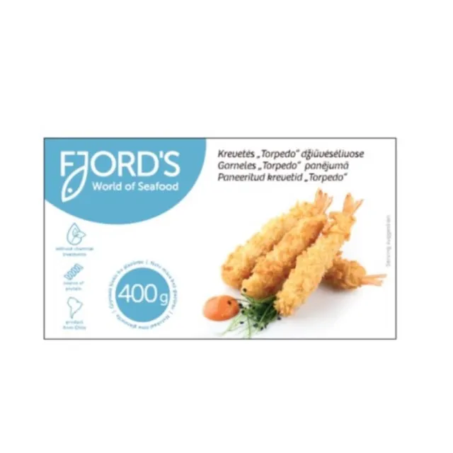 Frozen shrimp in breadcrumbs Fjords, Torpedo, with tail, 400 g