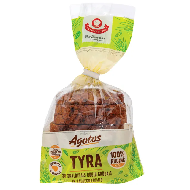 Juoda duona su skaldytais rugių branduoliais ir saulėgrąžomis AGOTOS TYRA, 340 g
