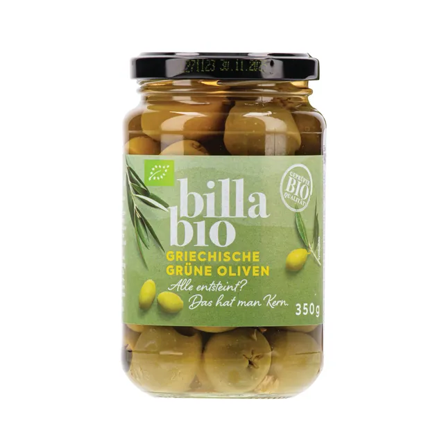Ekologiškos žaliosios alyvuogės sūryme be kauliukų BILLA BIO, 350 g