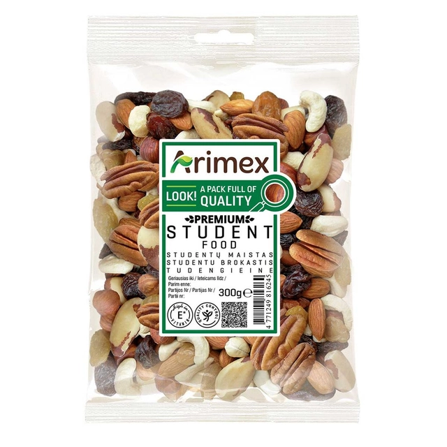 Riešutų ir džiovintų vaisių mišinys STUDENTŲ MAISTAS ARIMEX PREMIUM, 300 g