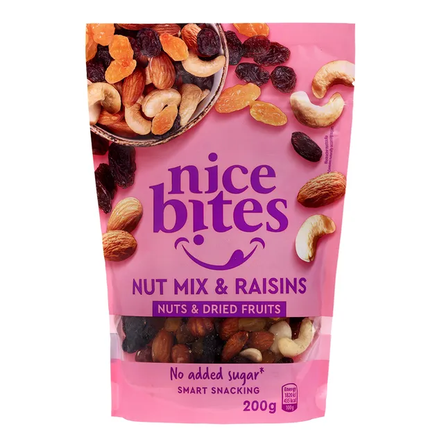 Riešutų ir razinų mišinys NICE BITES, 200 g