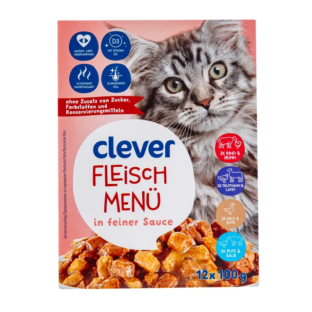 Wet cat food in sauce with meat CLEVER, 12x100 g