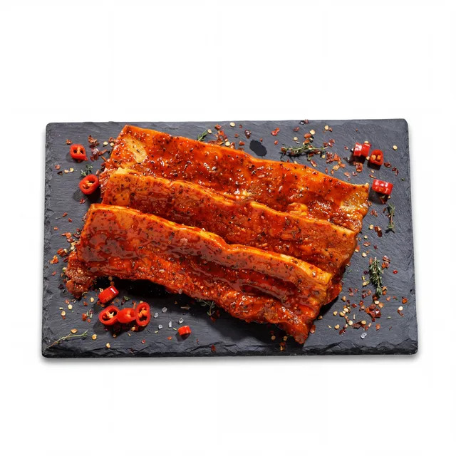 Marinated pork belly with hot paprika with bone