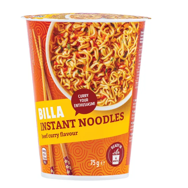 Greitai paruošiami makaronai BILLA BEEF CURRY FLAVOUR, 75 g