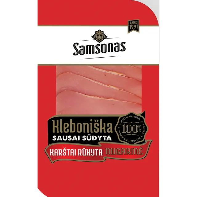 Karštai rūkyta kiaulienos nugarinė, sausai sūdyta, aukščiausia rūšis KLEBONIŠKA, 100 g