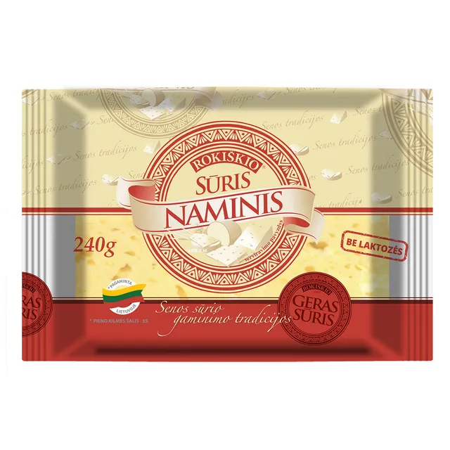 Fermentinis sūris be laktozės ROKIŠKIO NAMINIS, 45% rieb., 240 g