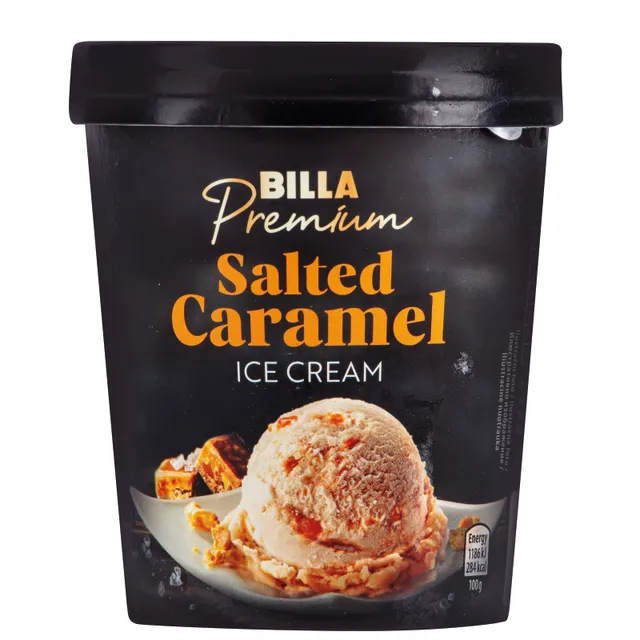 Karameliniai ledai su sūdytos karamelės glaistu ir sūdytos karamelės gabaliukais BILLA PREMIUM, 500 ml