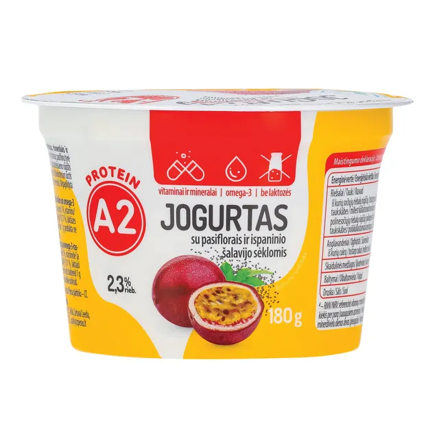 Jogurtas iš A2 pieno be laktozės su pasiflorais ir ispaninio šalavijo sėklomis, vitaminais, mineralais ir omega-3 riebalų rūgštimis 2,3% rieb., 180g