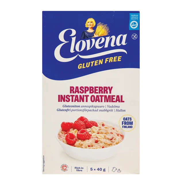 Greitai paruošiama avižinė košė su avietėmis, be glitimo, ELOVENA, 5 x 40 g