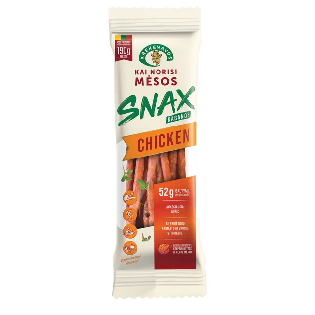 Karštai rūkytos vištienos dešrelės KAI NORISI MĖSOS KABANOS SNAX, 200 g