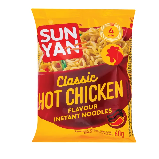 Greitai paruošiami makaronai su aštrios vištienos skonio sultiniu SUN YAN CLASSIC, 60 g