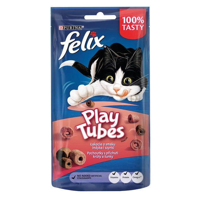 Ėdalo papildas suaugusioms katėms su kalakutiena ir kumpiu FELIX PLAY TUBES, 50 g