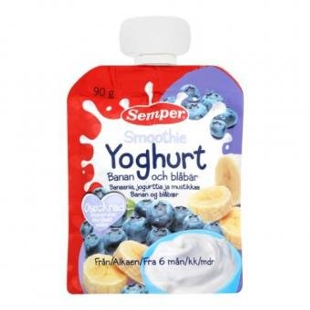 Geriamoji jogurto, bananų ir mėlynių tyrė SMOOTHIE SEMPER, 90 g