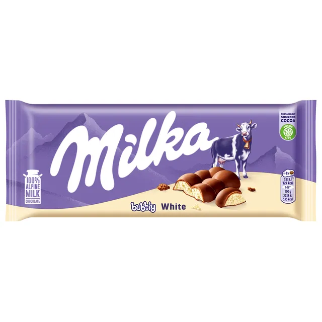 Pieninis šokoladas su akytojo baltojo šokolado įdaru MILKA, 90 g