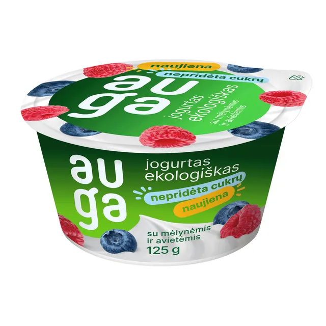 Ekologiškas jogurtas su mėlynėmis ir avietėmis AUGA, 3,5 % rieb., 125 g