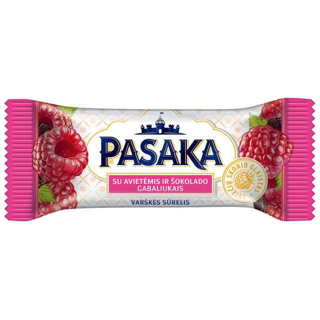 Glaistytas varškės sūrelis su avietėmis ir šokolado gabaliukais PASAKA, 21% rieb., 40 g