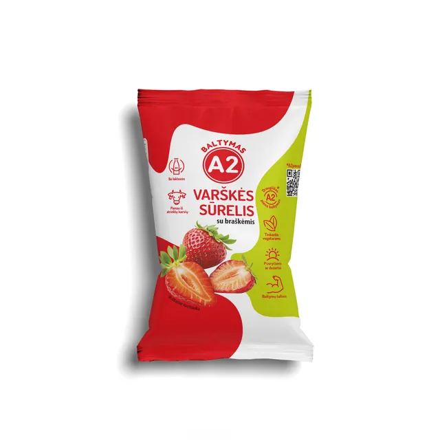 Varškės sūrelis be laktozės iš A2 pieno su braškėmis, 7,2% rieb., 100 g