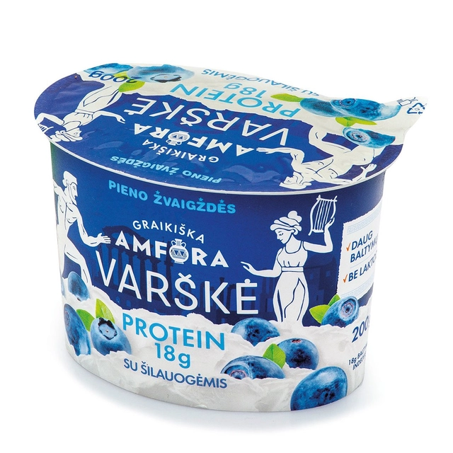 Varškė su šilauogėmis be laktozės GRAIKIŠKA AMFORA PROTEIN, 0,8% rieb., 200 g