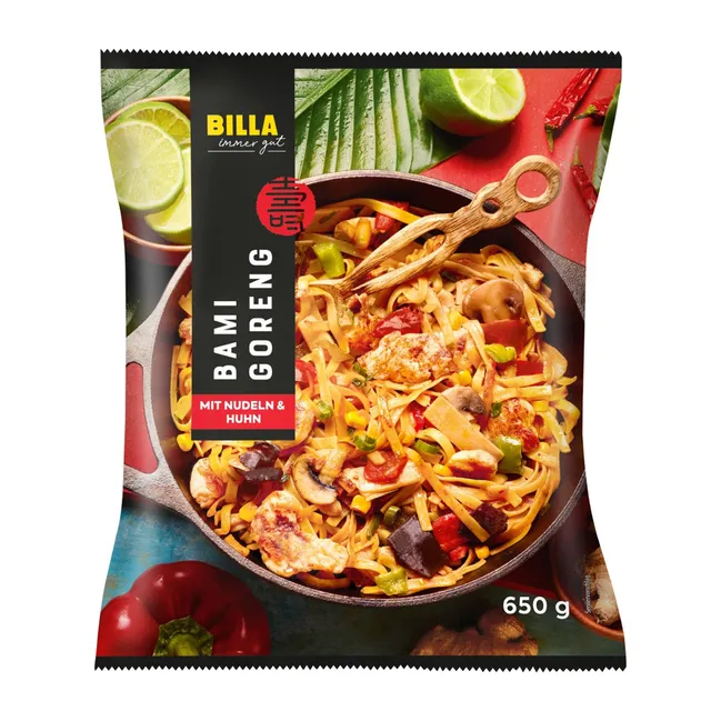 Šaldytas indonezietiško stiliaus makaronų patiekalas su vištienos krūtinėle BILLA, 650 g