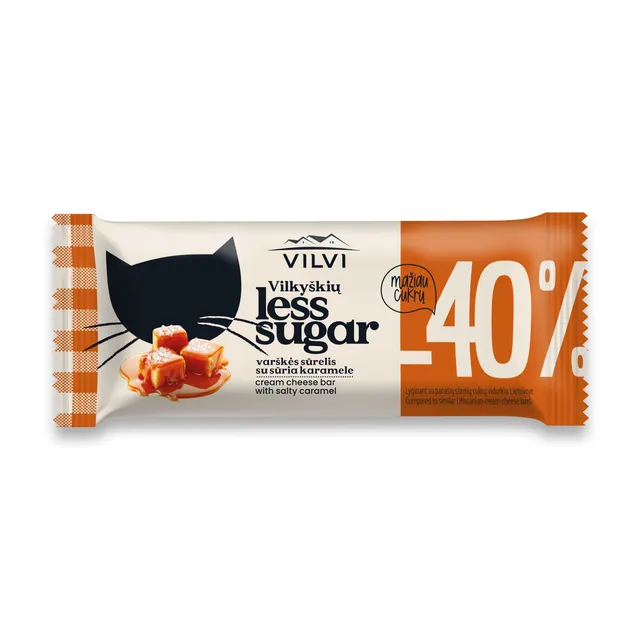 Glaistytas varškės sūrelis VILKYŠKIŲ LESS SUGAR su sūria karamele, 30% rieb., 40 g