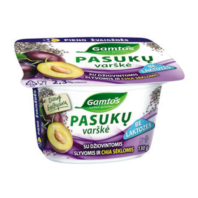 Pasukų varškė be laktozės su džiovintomis slyvomis ir chia sėklomis GAMTOS, 2,3% rieb., 130 g
