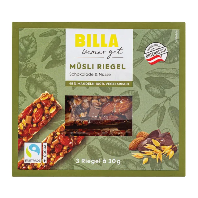 Riešutų batonėlis su šokoladu BILLA IMMER GUT, 3 x 30 g