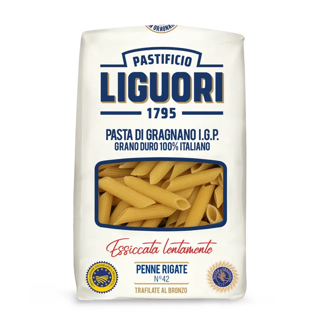 Kietagrūdžiai itališki makaronai vamzdeliai LIGUORI PENNE RIGATE, 500 g