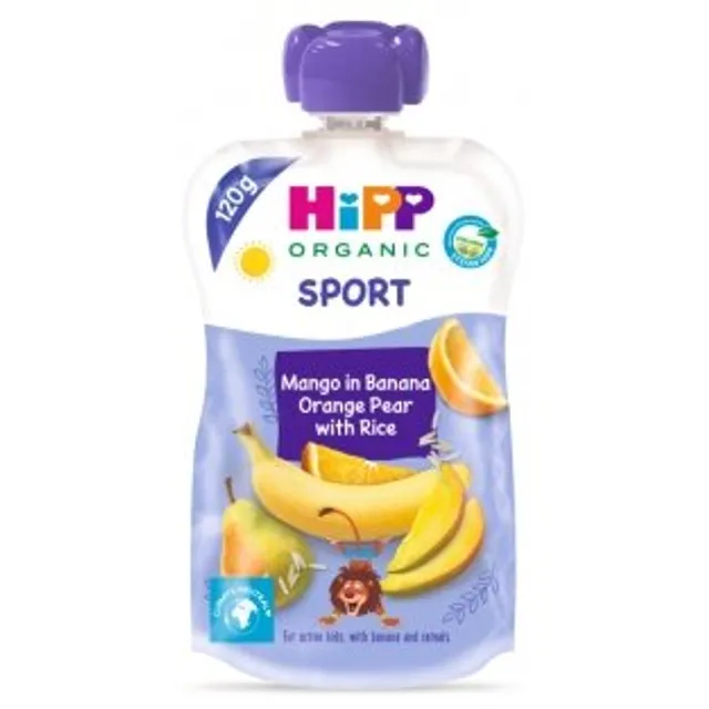 Ekologiška bananų, apelsinų, kriaušių ir mango tyrelė su ryžiais HIPP, 120 g