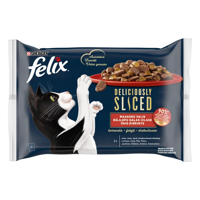 Visavertis šlapiasis ėdalas suaugusioms katėms drebučiuose FELIX DELICIOUSLY SLICED MEAT SELECTION, 4x80 g