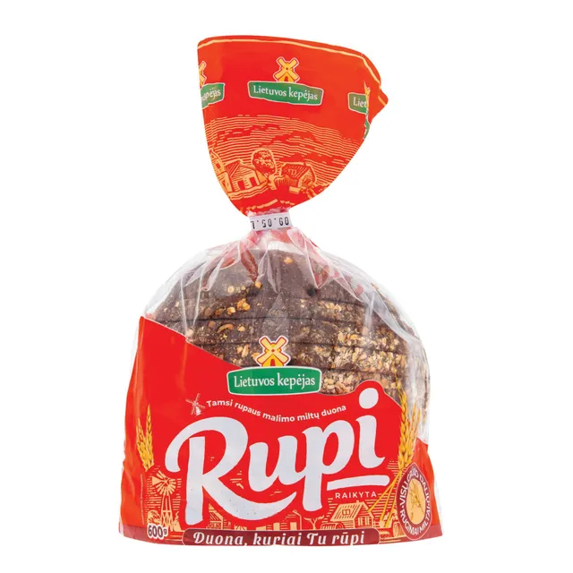 RUPI tamsi duona su visų grūdo dalių ruginiais miltais, 600 g, raikyta