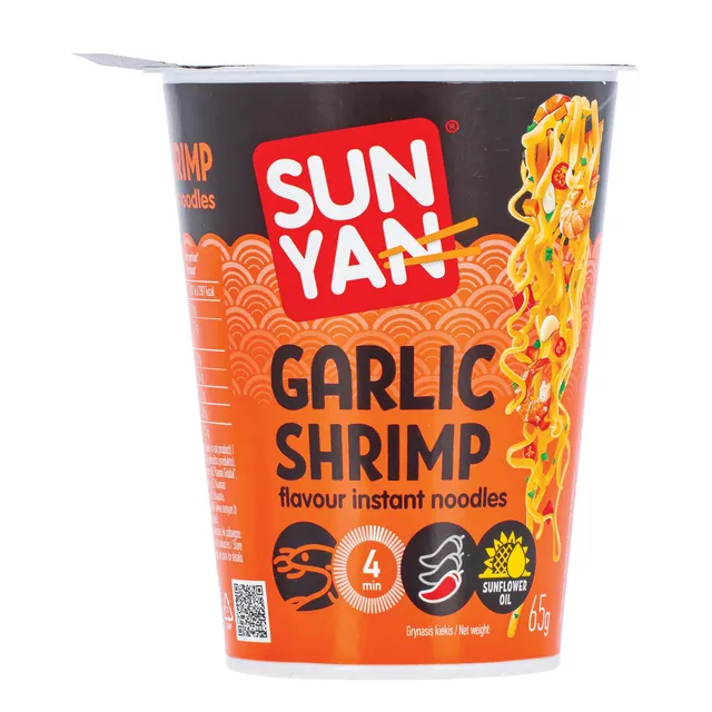 Быстро готовящиеся лапша со вкусом чесночных креветок SUN YAN, 65 г